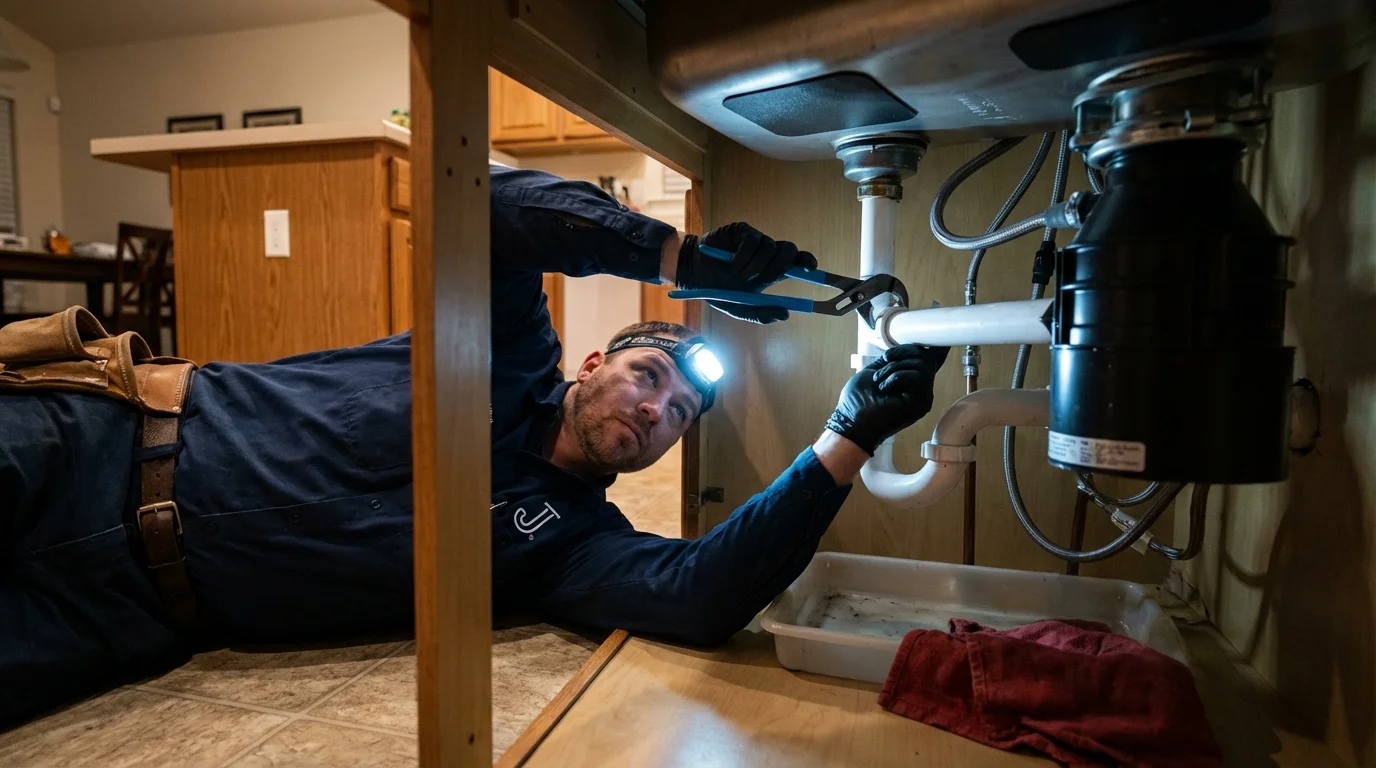 P-trap and supply line connections under a kitchen sink showing a common leak point in Helena, MT